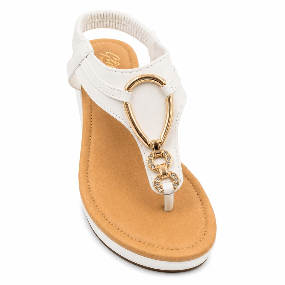 GLITZ White Comfort Wedge Sandals – Gold Accent Collection