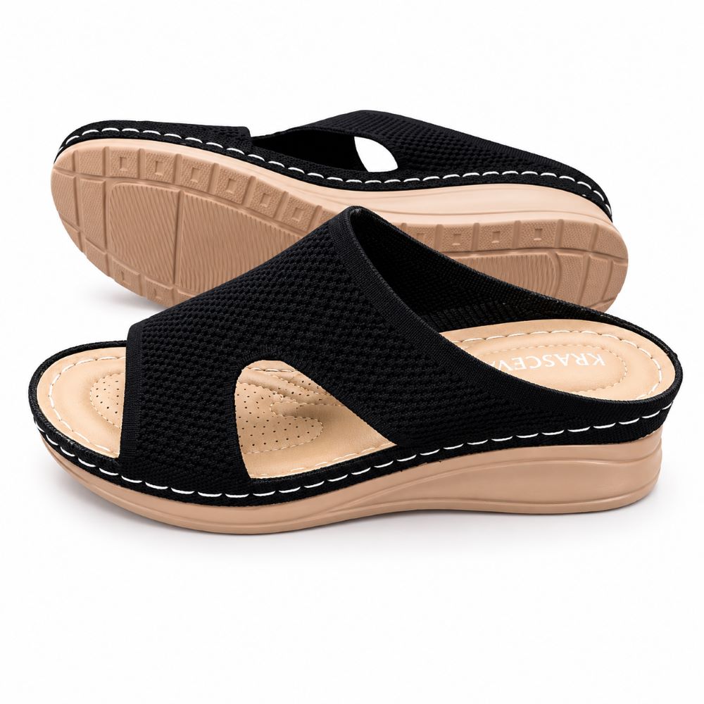 KRASCEVA Comfort Knit Wedge Slide Sandals – Black