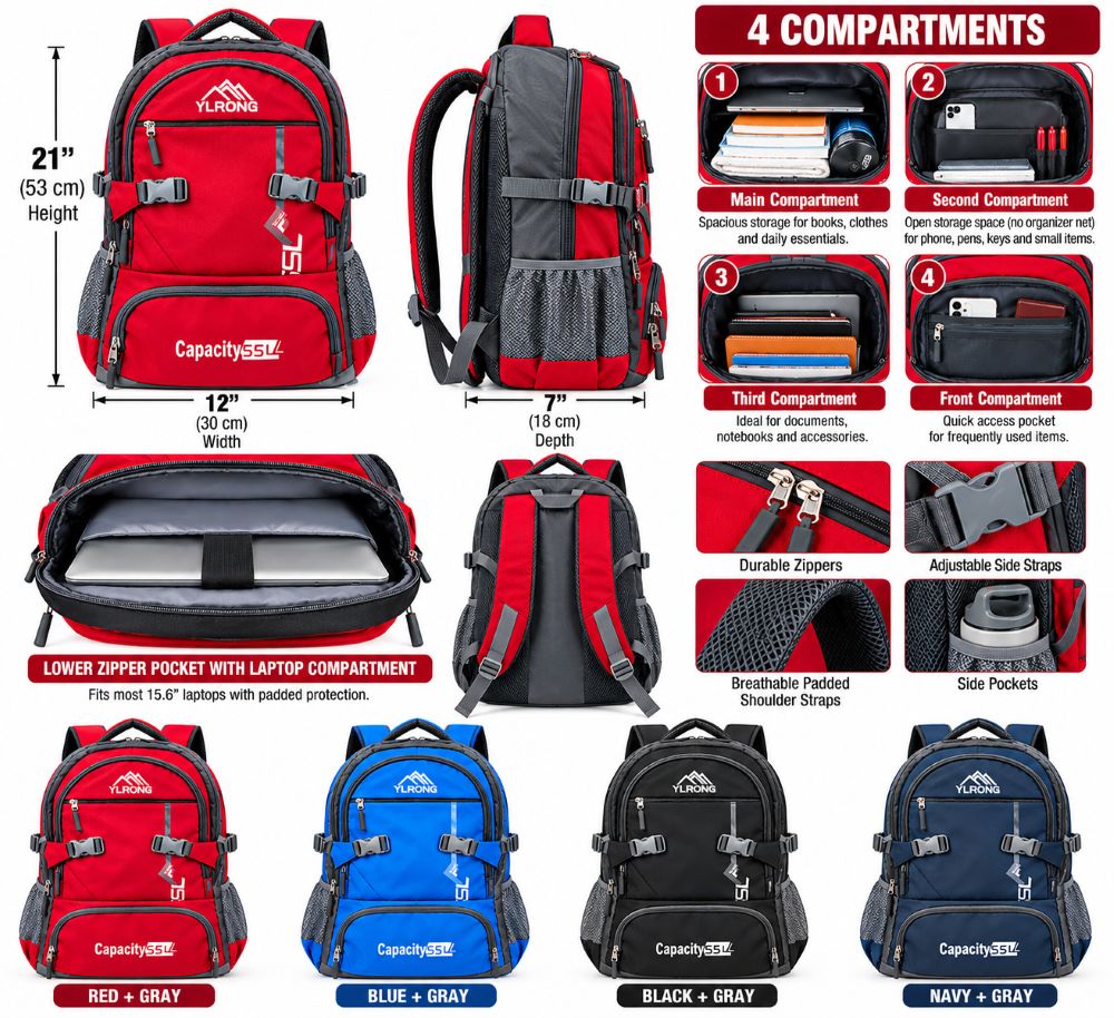 55L Large Capacity Travel Backpack – 4 Compartments, Laptop Pocket & Padded Shoulder Straps