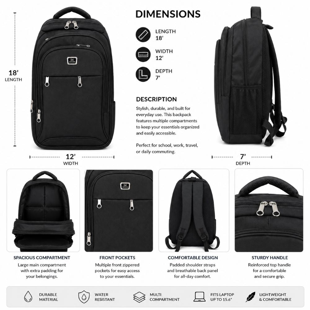 Water-Resistant Multi-Compartment Backpack for Work, School & Travel.