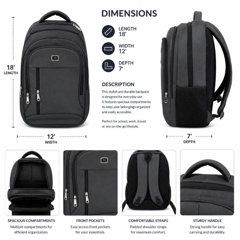 Waterproof Multi-Compartment Laptop Backpack – Black, Navy Blue & Grey | 18" Travel, School & Business Backpack
