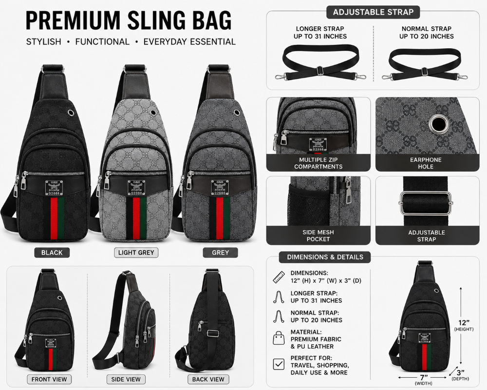 Classic Multi-Zip Adjustable Sling Bag
