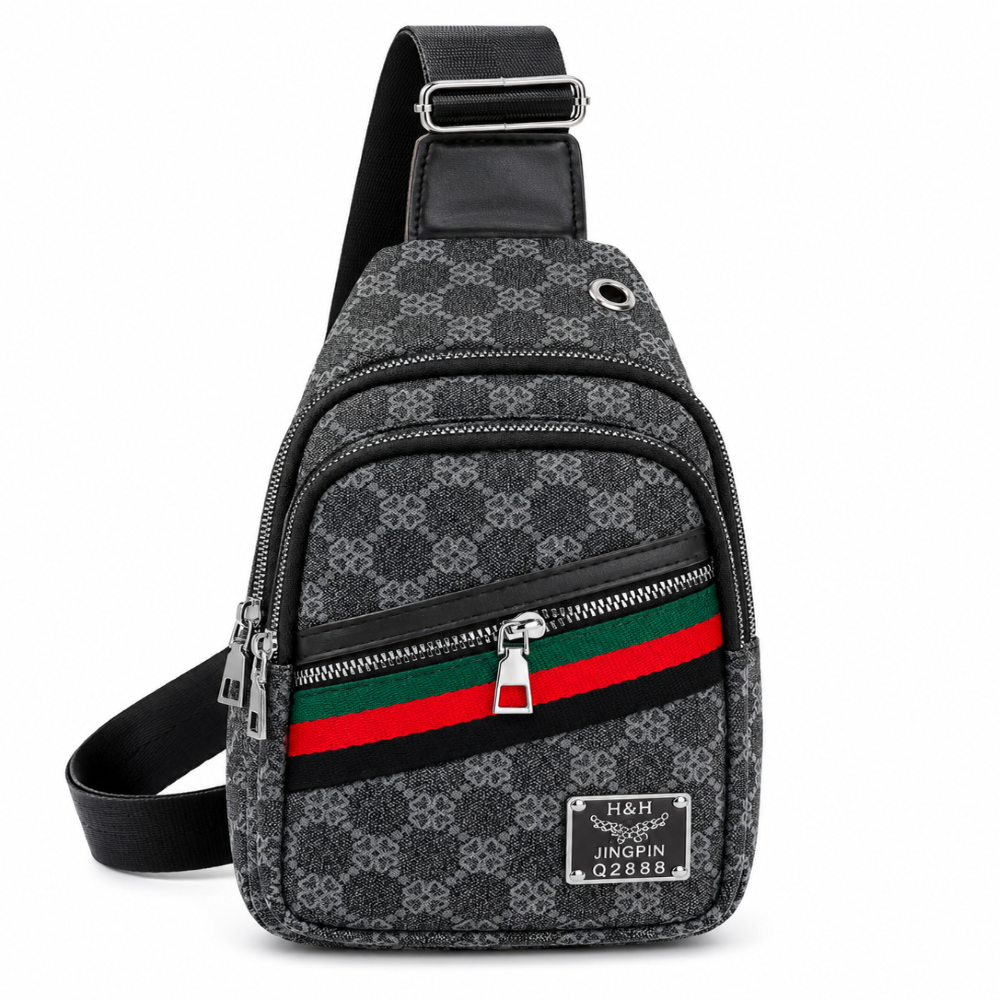 Gray patterned sling bag with red and green accents on a white background