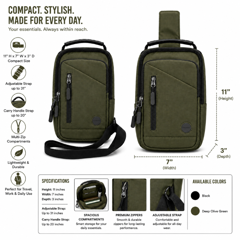 Compact Multi-Zip Crossbody Sling Bag – Lightweight Travel & Everyday Bag