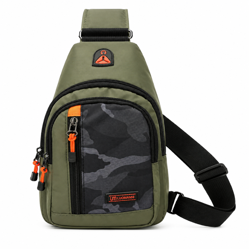 Green and camouflage sling bag with black straps on a white background