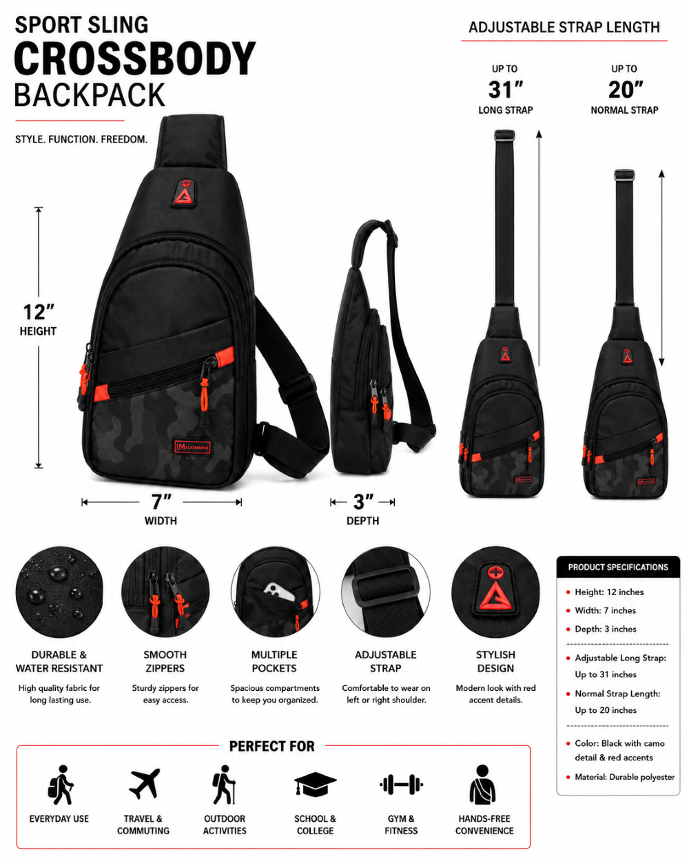 Sport Sling Crossbody Backpack – Black Camo