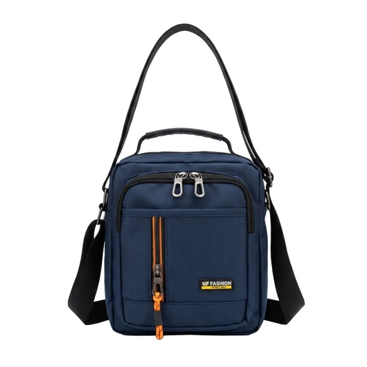 Blue shoulder bag with black strap on a white background