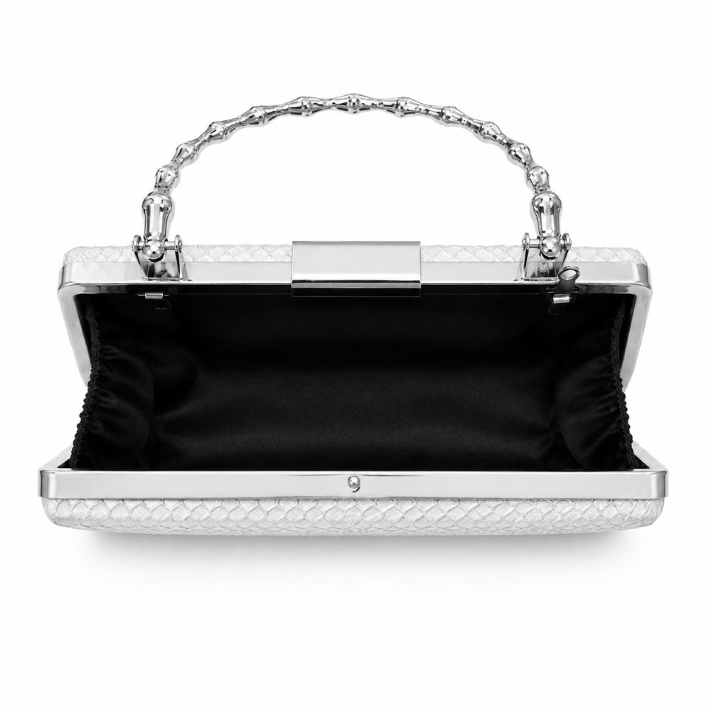 Krasceva Silver Luxe Textured Evening Clutch with Metal Handle & Chain Strap