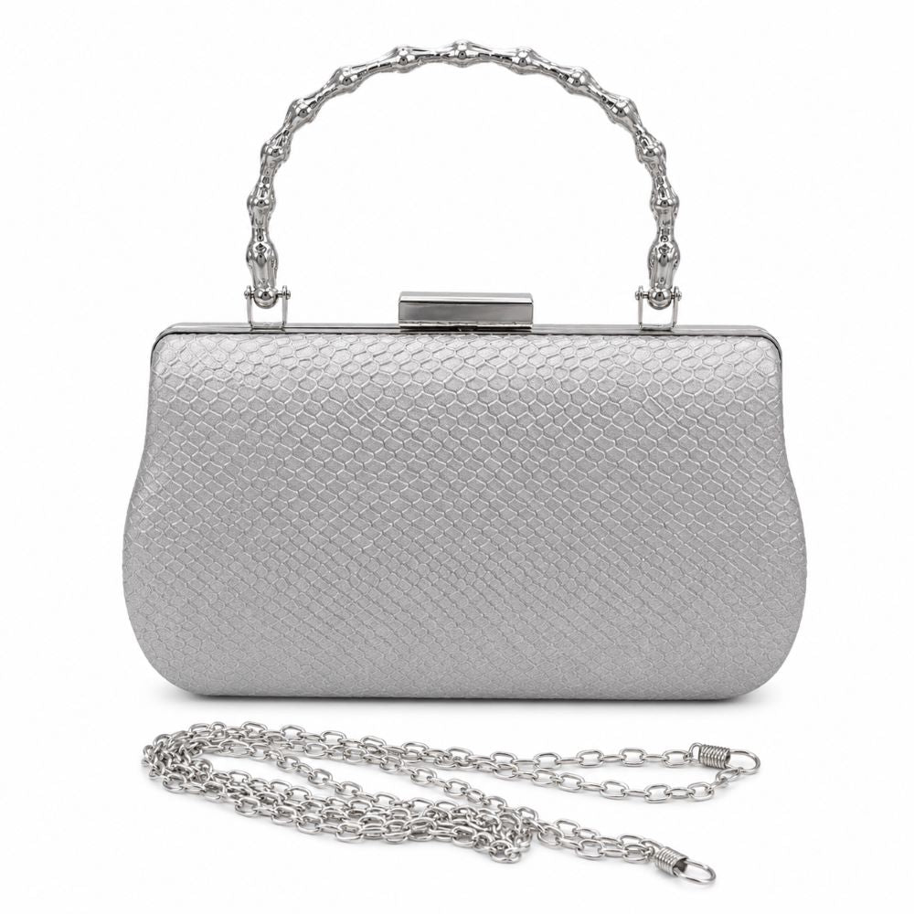 Krasceva Silver Luxe Textured Evening Clutch with Metal Handle & Chain Strap