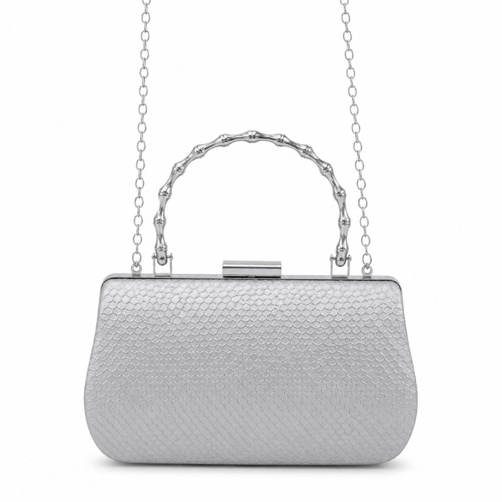Krasceva Silver Luxe Textured Evening Clutch with Metal Handle & Chain Strap