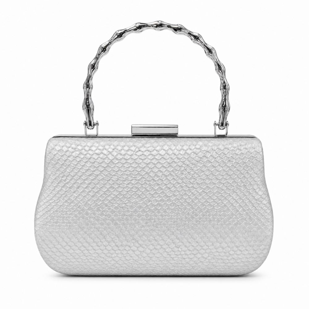 Krasceva Silver Luxe Textured Evening Clutch with Metal Handle & Chain Strap