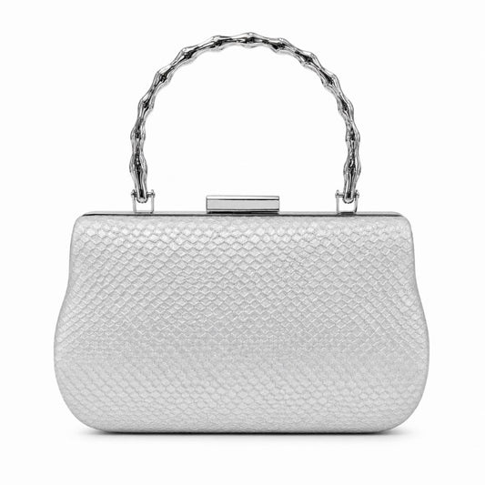 Krasceva Silver Luxe Textured Evening Clutch with Metal Handle & Chain Strap