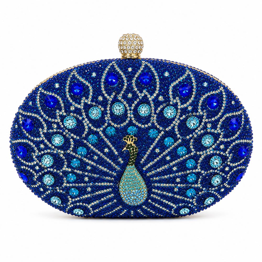 EB021 Blue Peacock Crystal Clutch - Front View