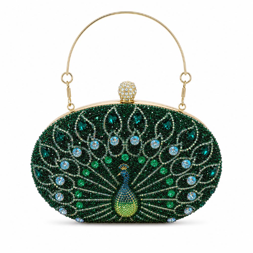 EB021 Green Peacock Crystal Clutch - Back View