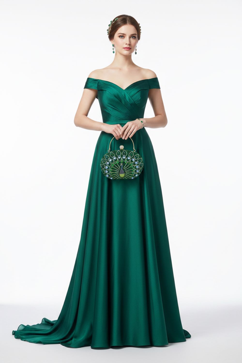EB021 Green Peacock Crystal Clutch - With Handle