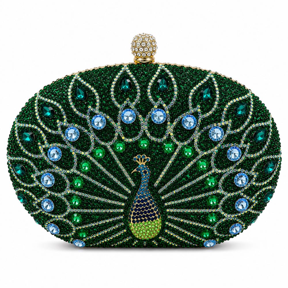 EB021 Green Peacock Crystal Clutch - Front View