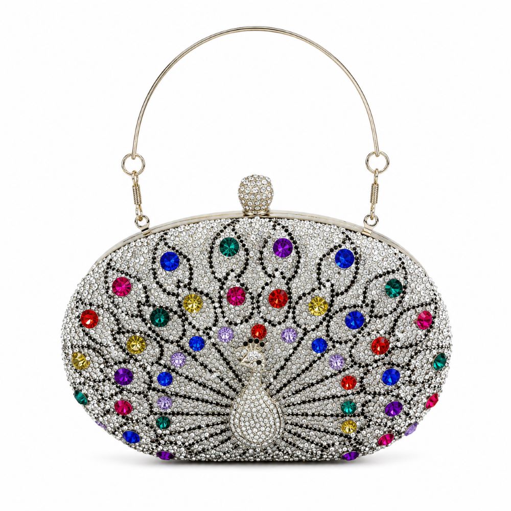 Peacock Crystal Evening Clutch Bag with Gold Arc Handle & Chain Strap