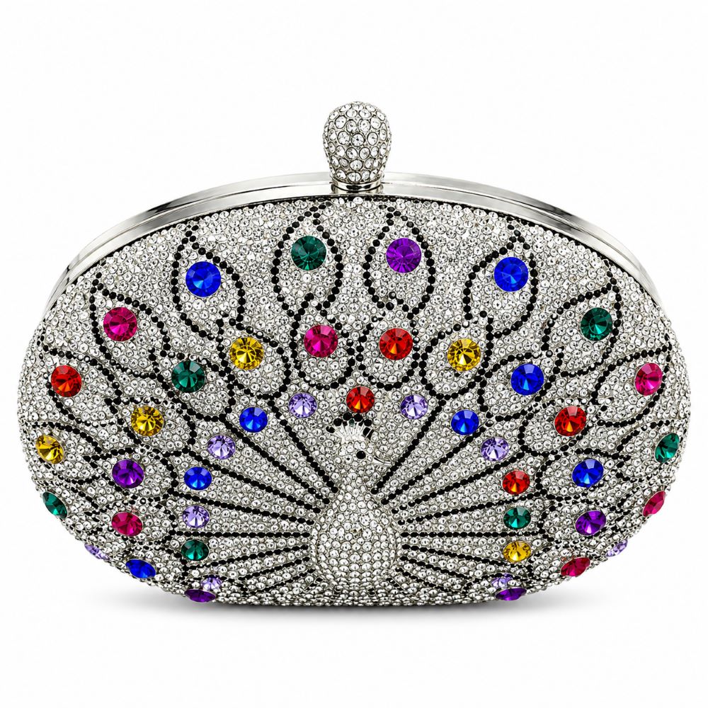 Peacock Crystal Evening Clutch Bag with Gold Arc Handle & Chain Strap
