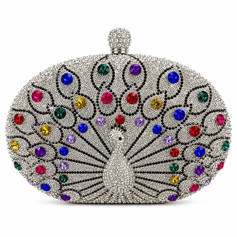 Peacock Crystal Evening Clutch Bag with Gold Arc Handle & Chain Strap
