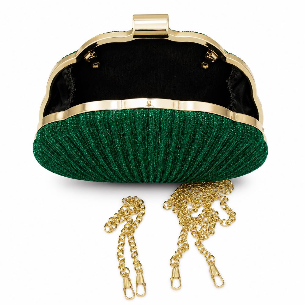EB024 Green Shell Glitter Clutch - With Chain