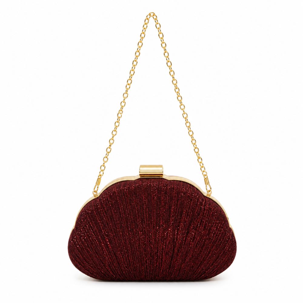 EB024 Red Burgundy Shell Glitter Clutch - With Chain