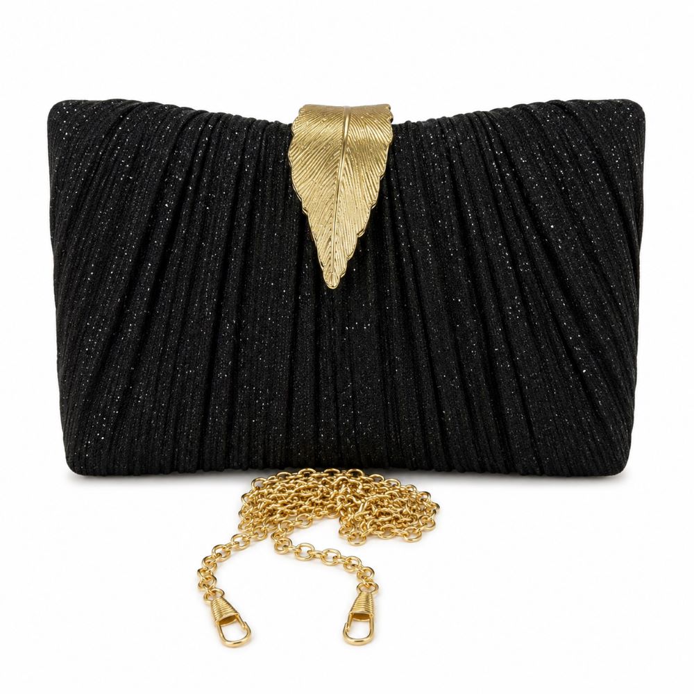 EB033 Black Glitter Evening Clutch - Front with Chain
