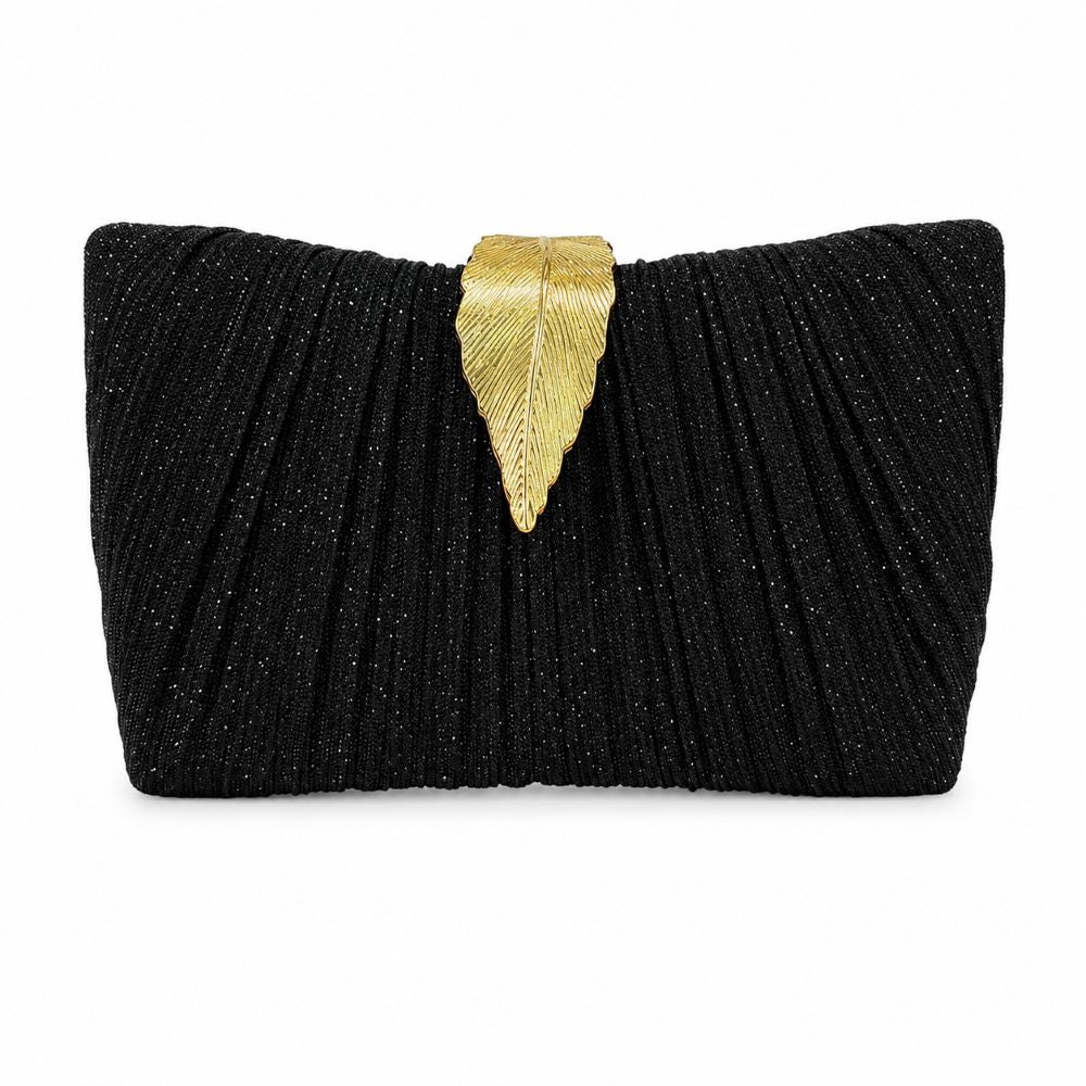 EB033 Black Glitter Evening Clutch - Front with Leaf Clasp