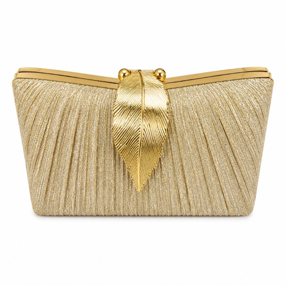 EB033 Gold Glitter Evening Clutch - Front with Leaf Clasp