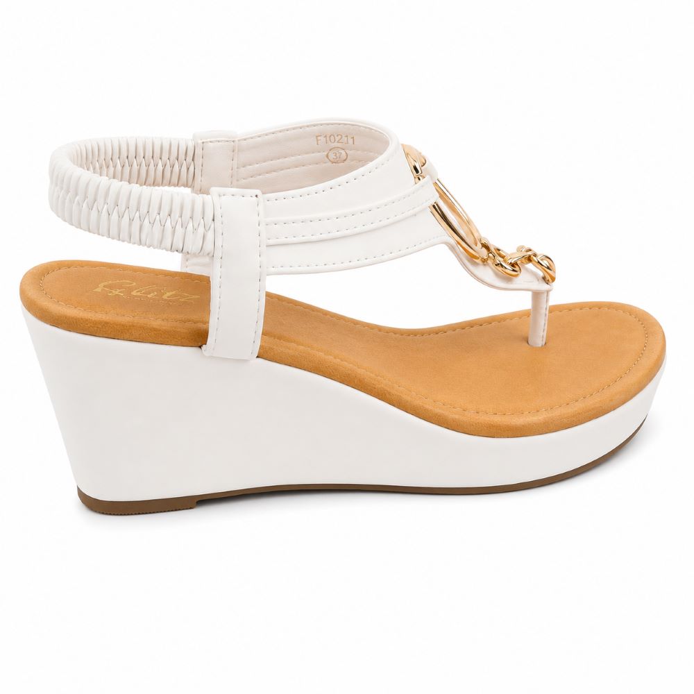 GLITZ White Comfort Wedge Sandals – Gold Accent Collection