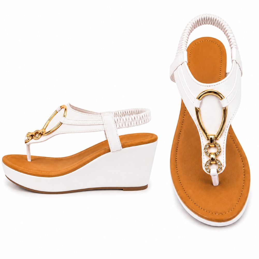 GLITZ White Comfort Wedge Sandals – Gold Accent Collection