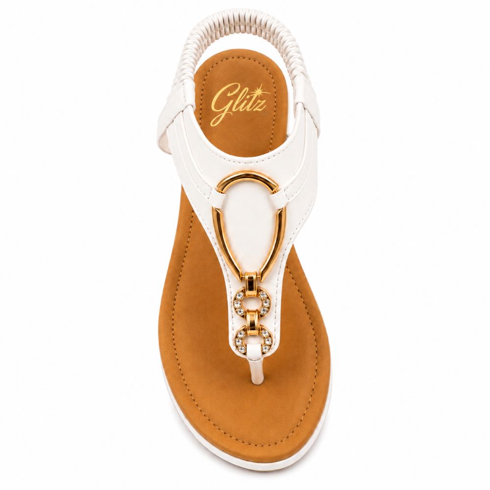 GLITZ White Comfort Wedge Sandals – Gold Accent Collection