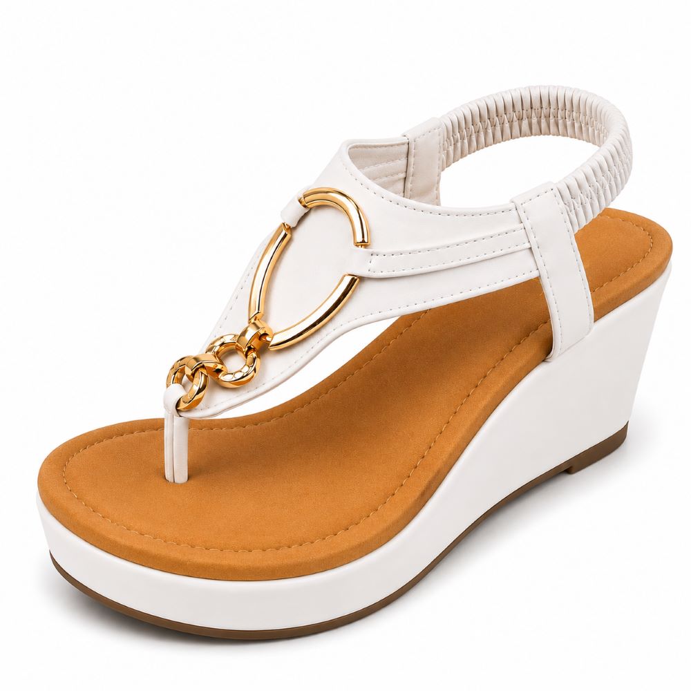 GLITZ White Comfort Wedge Sandals – Gold Accent Collection
