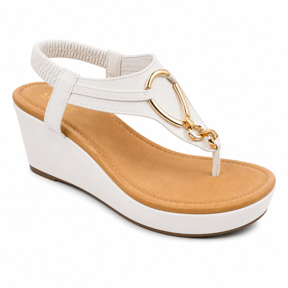 GLITZ White Comfort Wedge Sandals – Gold Accent Collection