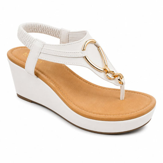 GLITZ White Comfort Wedge Sandals – Gold Accent Collection