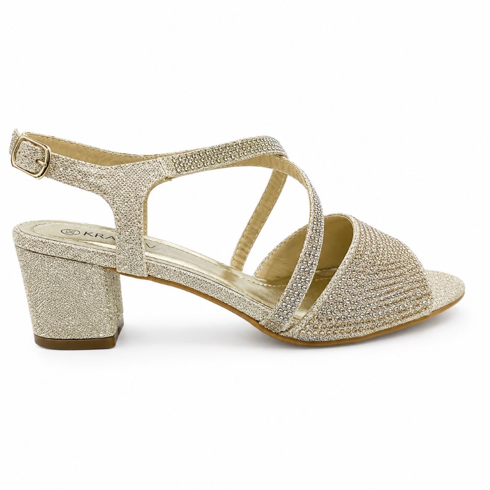 Crystal Block Heel Sandals – Gold Glitter