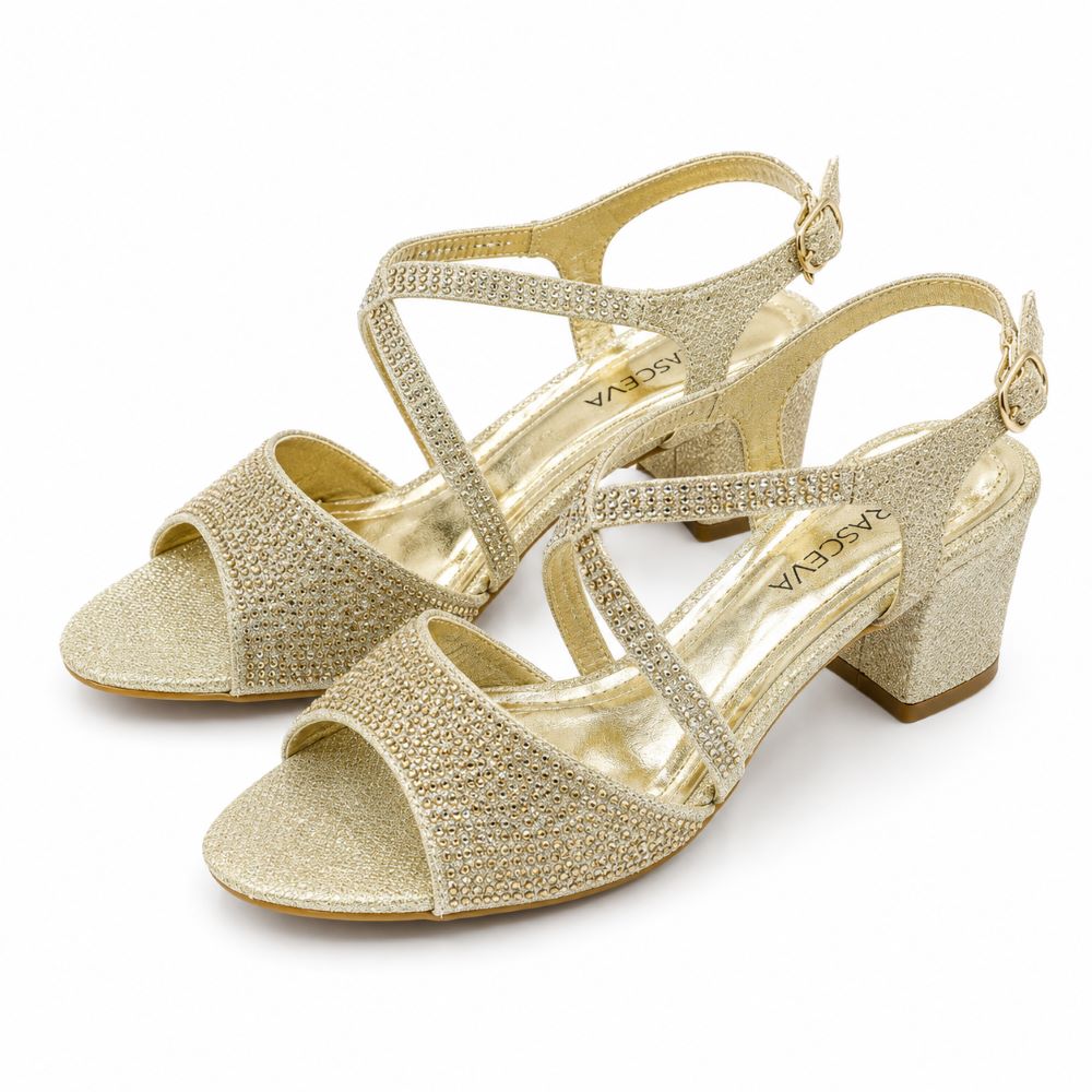 Crystal Block Heel Sandals – Gold Glitter