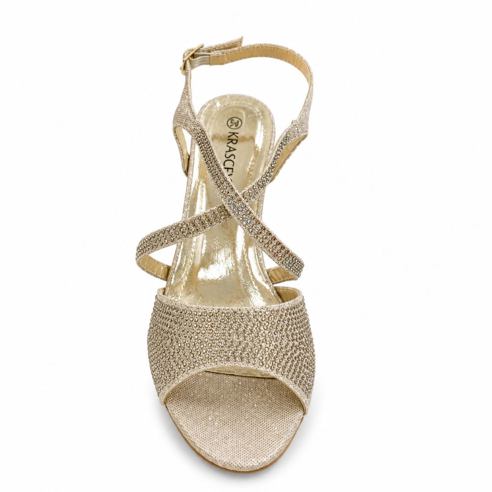 Crystal Block Heel Sandals – Gold Glitter