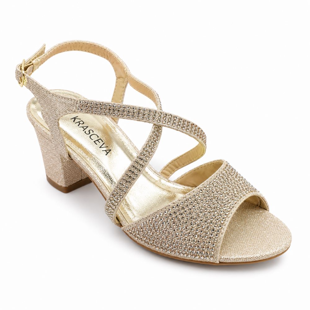 Crystal Block Heel Sandals – Gold Glitter