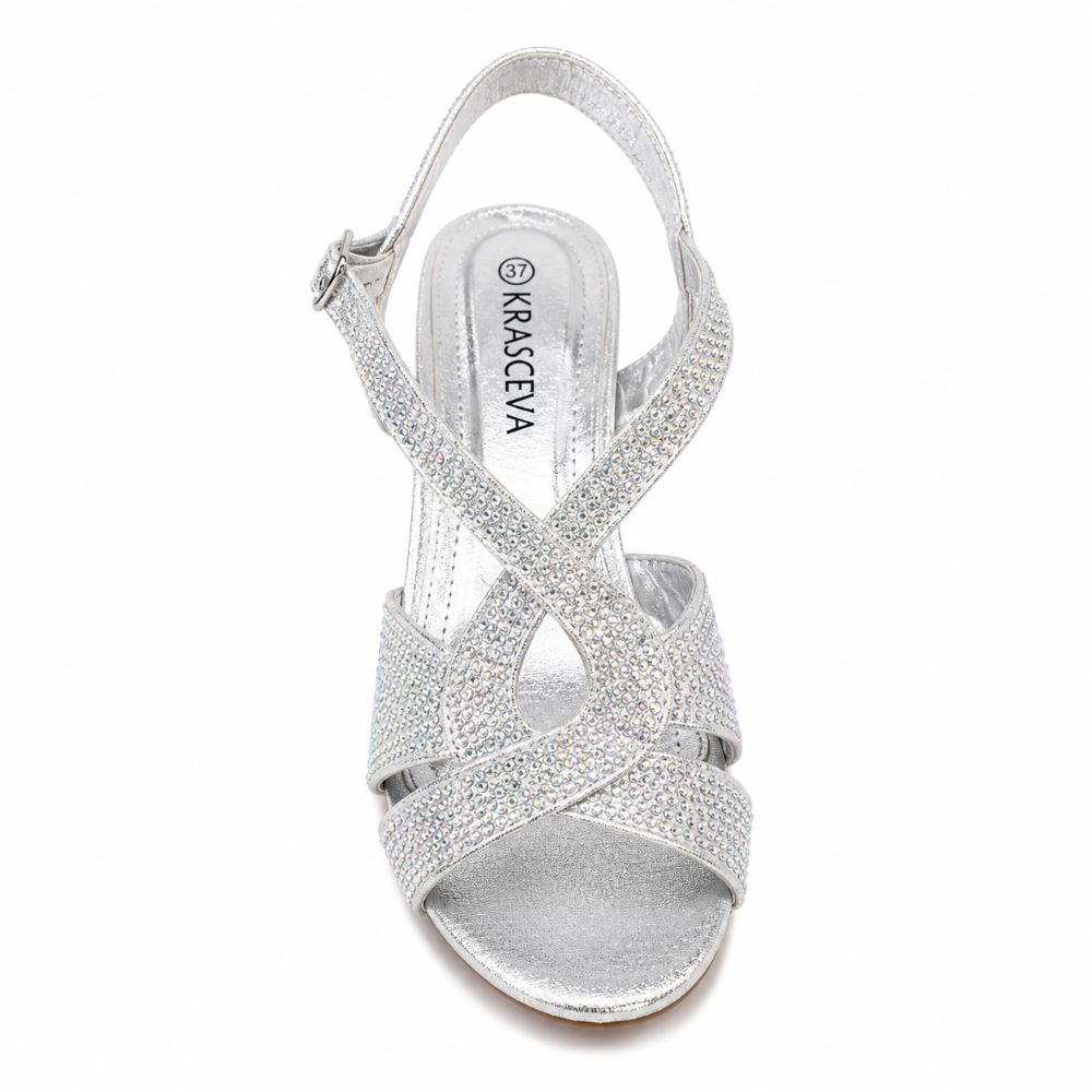 Krasceva Sparkle Block Heel Sandals – Silver Rhinestone
