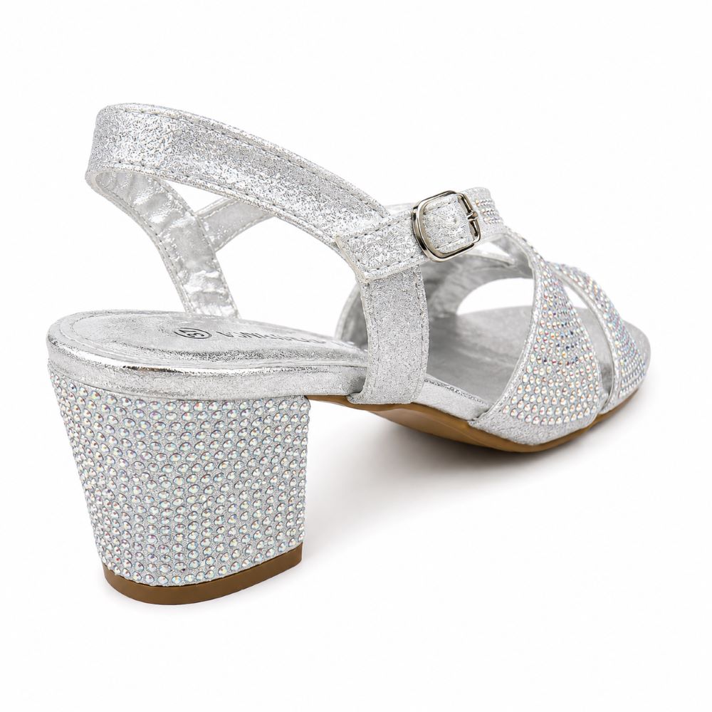 Krasceva Sparkle Block Heel Sandals – Silver Rhinestone