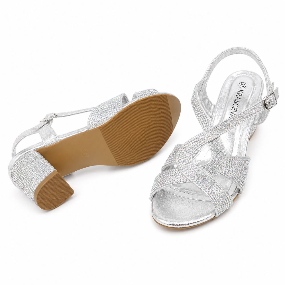 Krasceva Sparkle Block Heel Sandals – Silver Rhinestone
