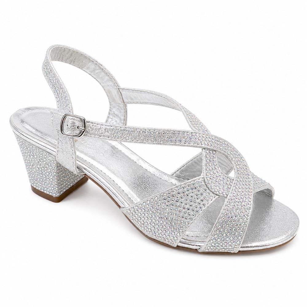 Krasceva Sparkle Block Heel Sandals – Silver Rhinestone