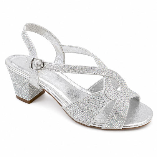 Krasceva Sparkle Block Heel Sandals – Silver Rhinestone
