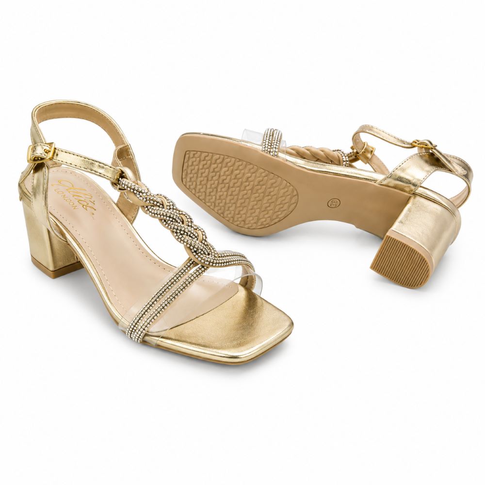 Glitz London Rhinestone Braided Block Heel Sandals