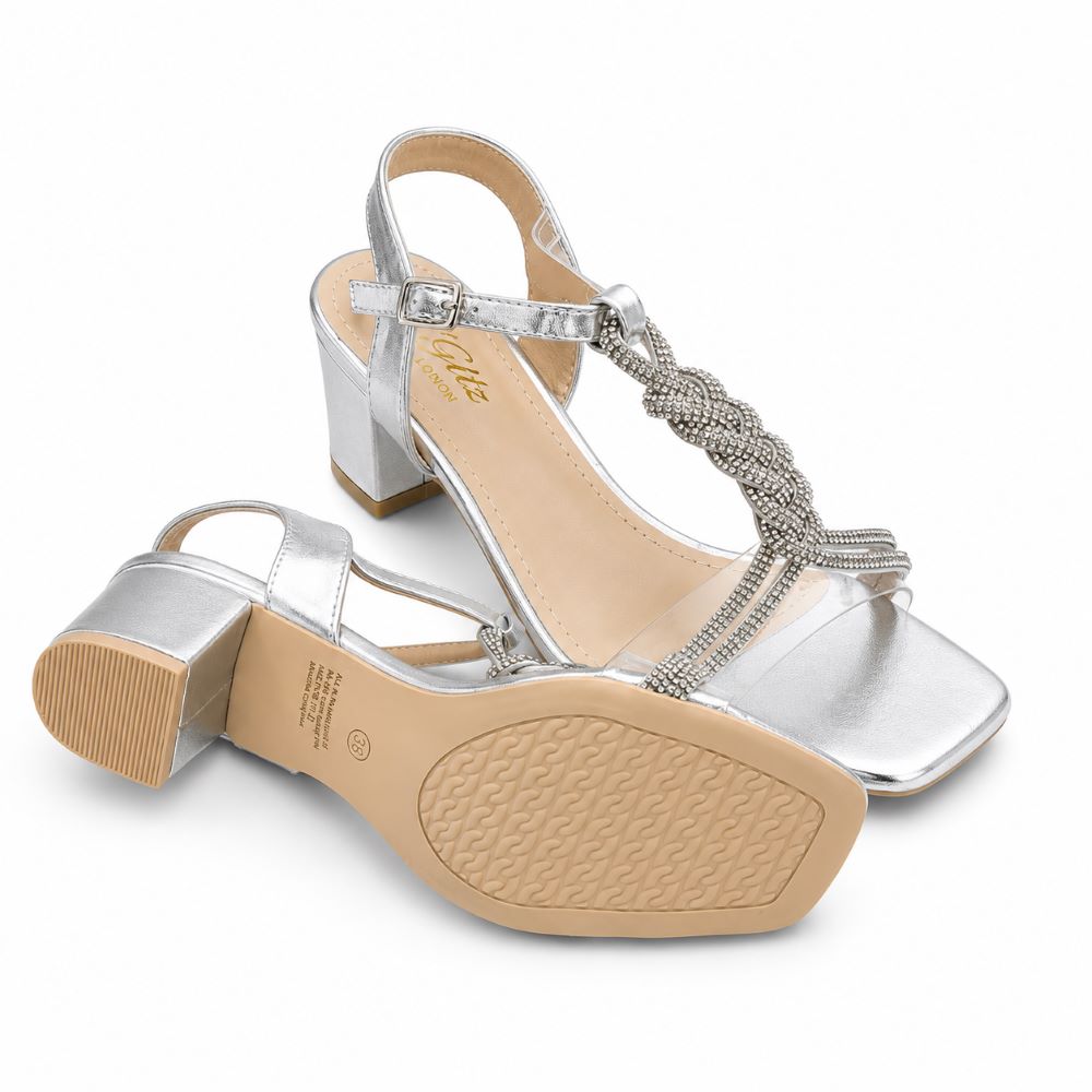 Glitz London Rhinestone Braided Block Heel Sandals