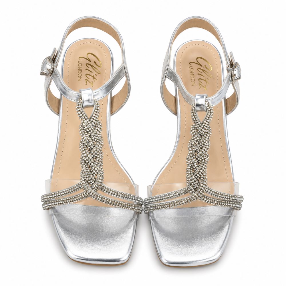 Glitz London Rhinestone Braided Block Heel Sandals