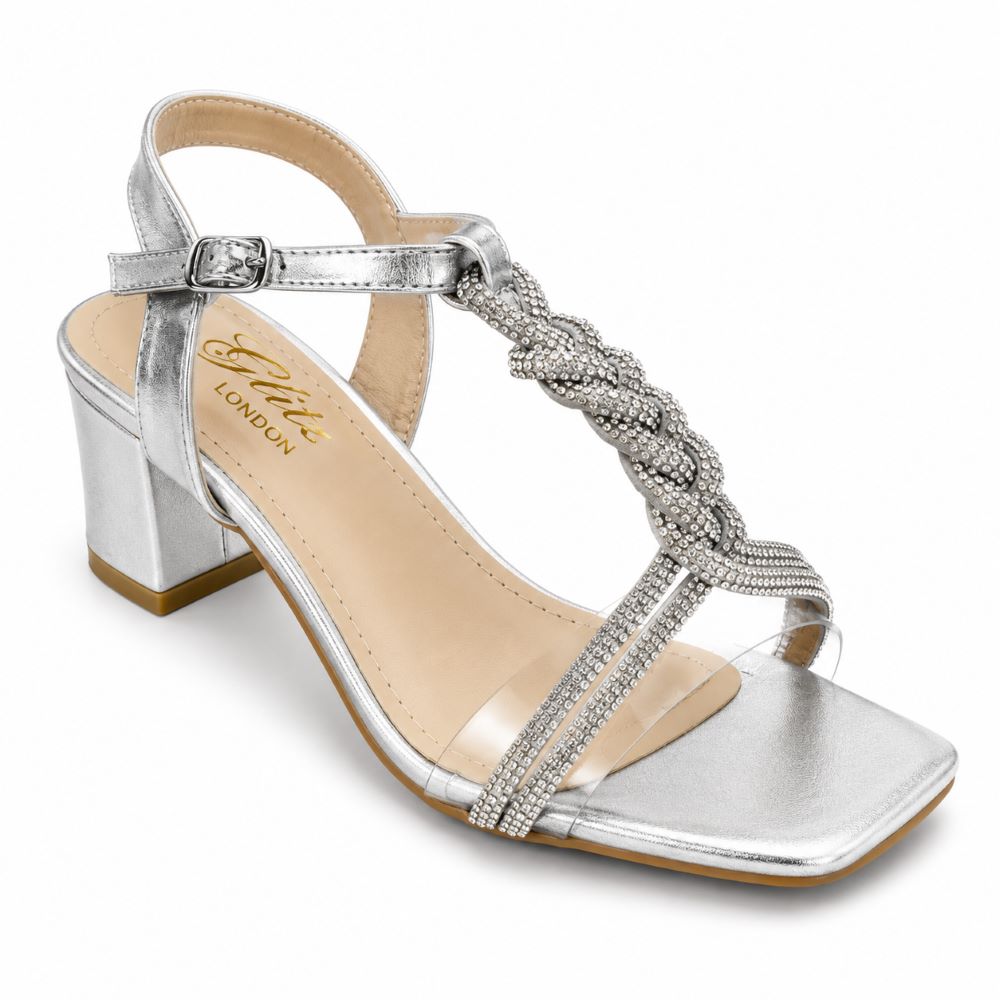 Glitz London Rhinestone Braided Block Heel Sandals