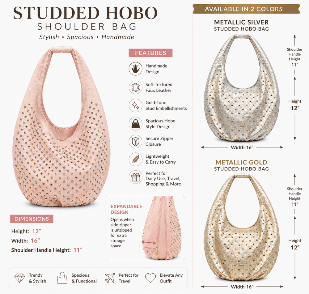 Studded Hobo Shoulder Bag – Handmade Expandable Design