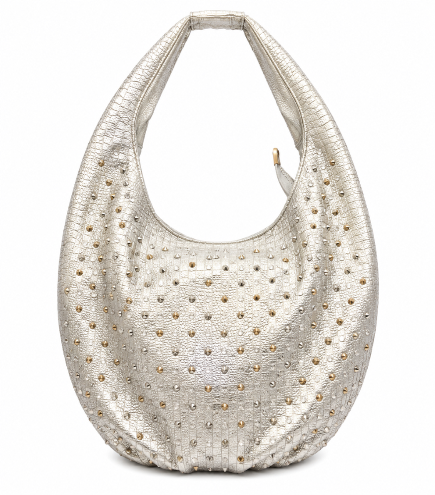 Silver handbag with pearl-like embellishments on a white background