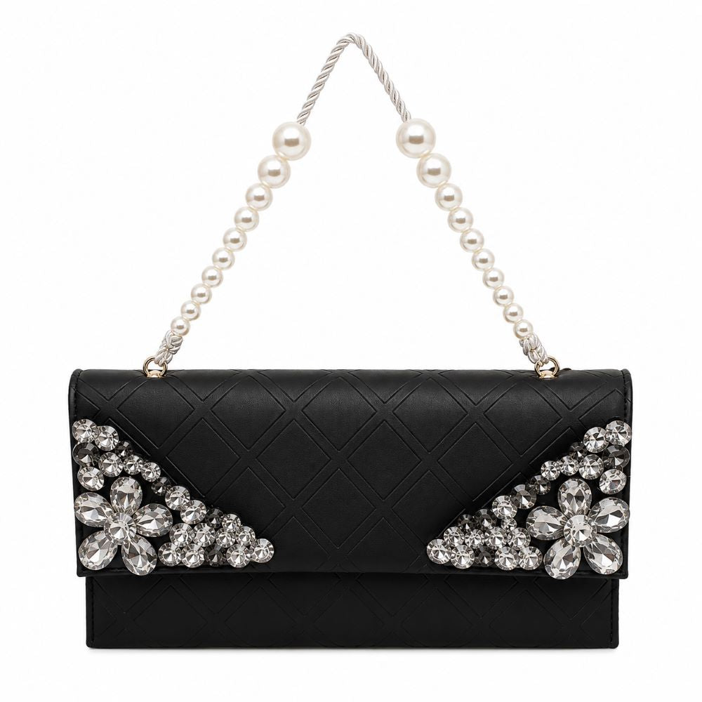 Crystal Embellished Quilted Clutch with Pearl Handle